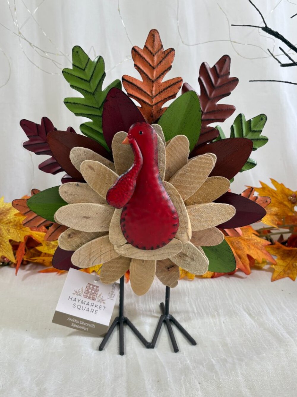 Thanksgiving Turkey TABLE OR MANTEL CENTERPIECE METAL & Driftwood 12" New